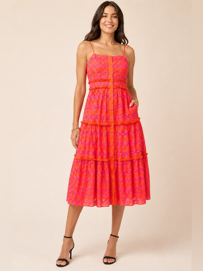 J.Crew Embroidered Eyelet Tiered Midi Dress Pink Orange Size 6